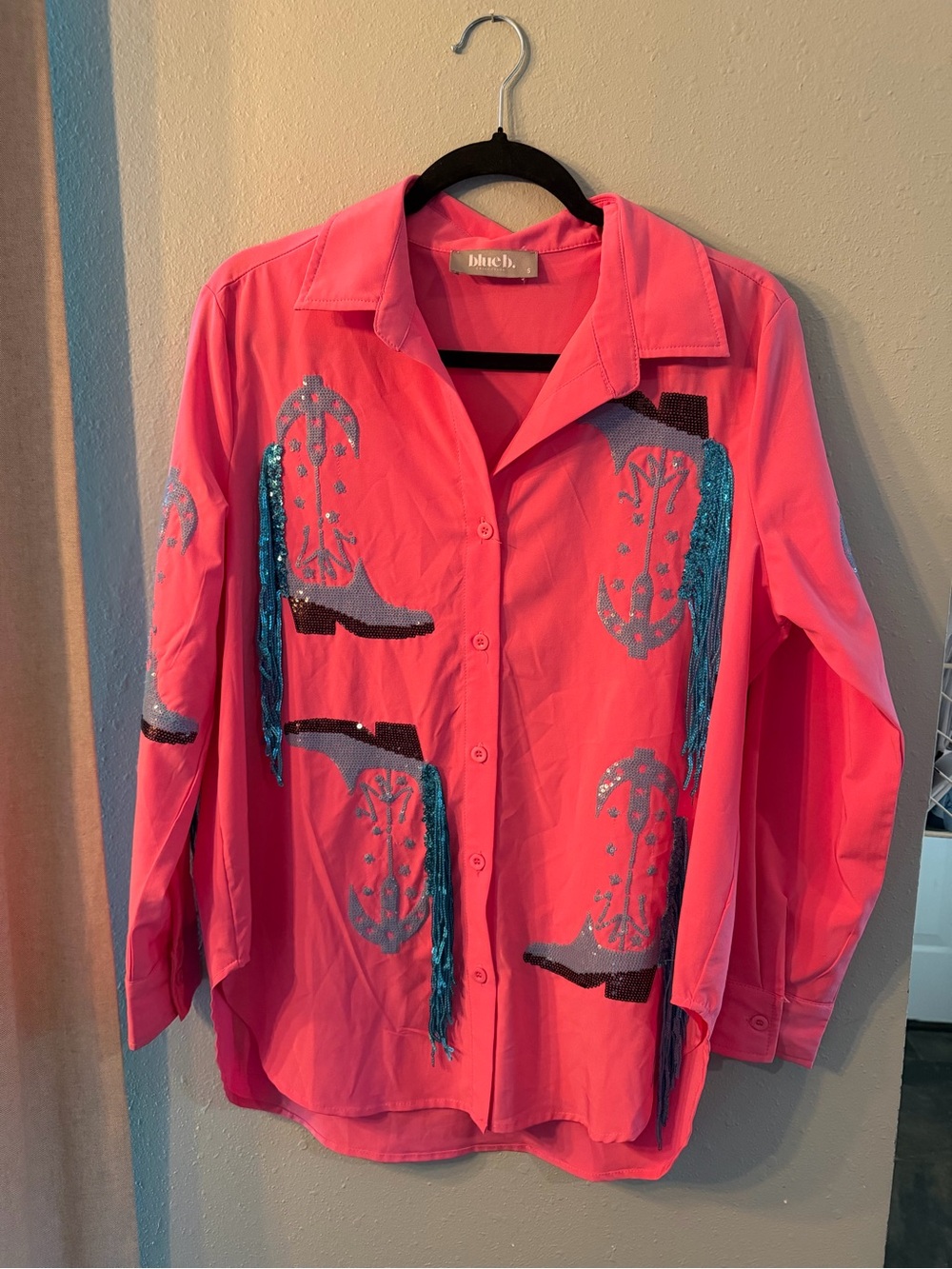 Blue B Hot Pink Sequin Fringe Cowboy Boot Western Button Up Blouse Small
